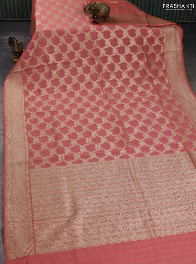 Banarasi silk cotton saree peach pink with allover zari weaves and zari woven border