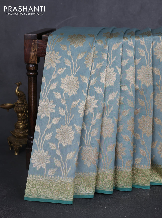 Banarasi silk cotton saree bluish grey and green with allover zari weaves and zari woven border
