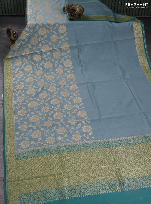 Banarasi silk cotton saree bluish grey and green with allover zari weaves and zari woven border
