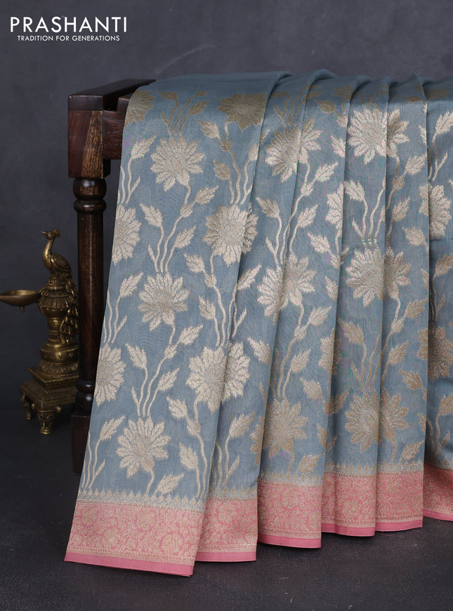 Banarasi silk cotton saree grey and pink with allover zari weaves and zari woven border