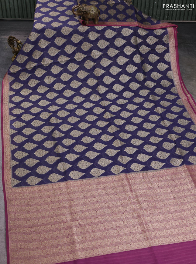Banarasi silk cotton saree navy blue and mauve pink with allover zari woven buttas and zari woven border