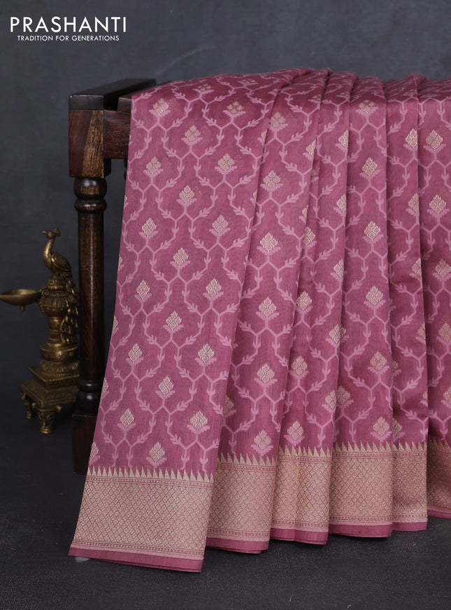 Banarasi silk cotton saree mauve pink with allover thread weaves & zari woven buttas and zari woven border