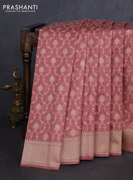 Banarasi silk cotton saree peach shade with allover thread weaves & zari woven buttas and zari woven border