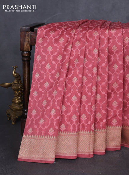 Banarasi silk cotton saree peach pink with allover thread weaves & zari woven buttas and zari woven border
