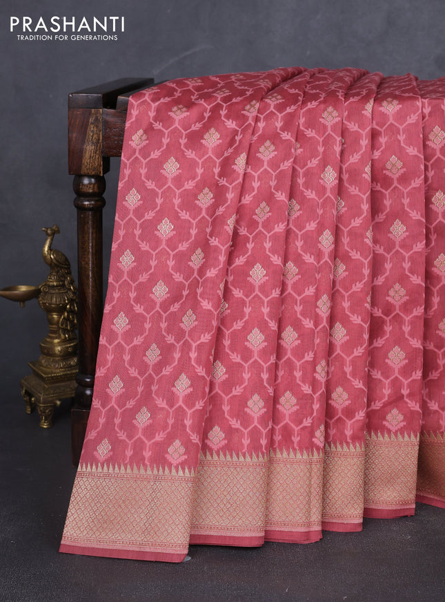 Banarasi silk cotton saree peach pink with allover thread weaves & zari woven buttas and zari woven border