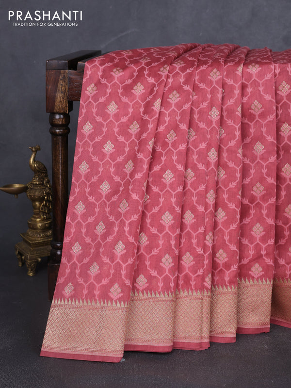 Banarasi silk cotton saree peach pink with allover thread weaves & zari woven buttas and zari woven border