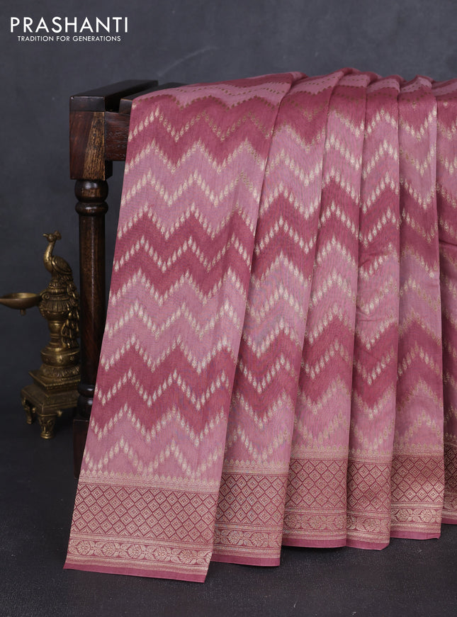 Banarasi silk cotton saree mauve pink with allover zigzag zari weaves and zari woven border