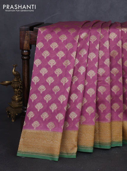 Banarasi silk cotton saree mauve pink and green with allover thread & zari woven buttas and woven border