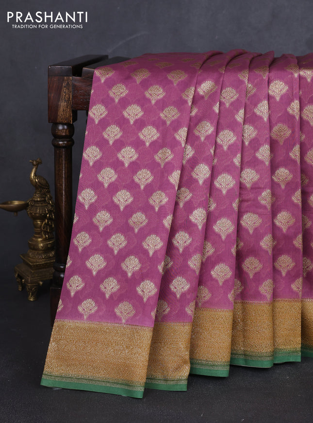 Banarasi silk cotton saree mauve pink and green with allover thread & zari woven buttas and woven border