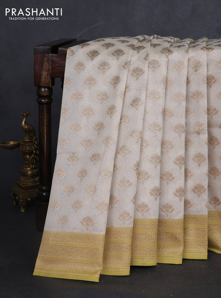 Banarasi silk cotton saree cream and pale yellow with allover thread & zari woven buttas and woven border