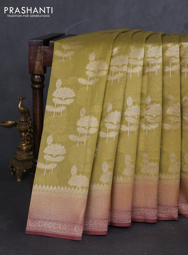 Banarasi silk cotton saree mehendi green and pastel maroon with allover zari woven buttas and zari woven border