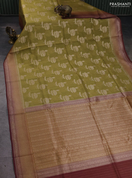 Banarasi silk cotton saree mehendi green and pastel maroon with allover zari woven buttas and zari woven border
