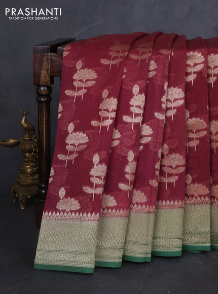 Banarasi silk cotton saree wine shade and green with allover zari woven buttas and zari woven border