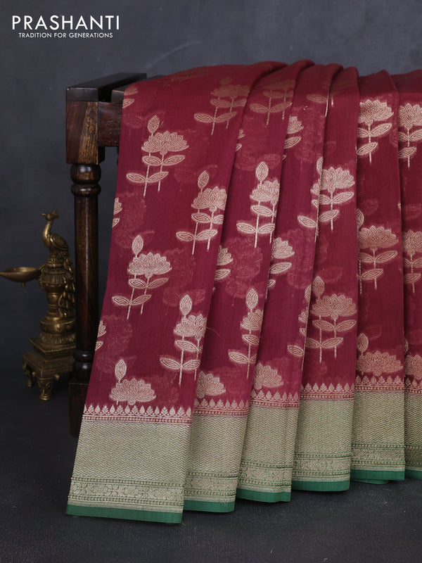 Banarasi silk cotton saree wine shade and green with allover zari woven buttas and zari woven border