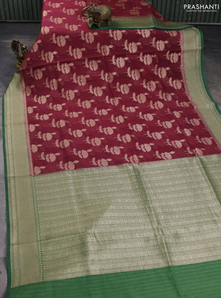 Banarasi silk cotton saree wine shade and green with allover zari woven buttas and zari woven border