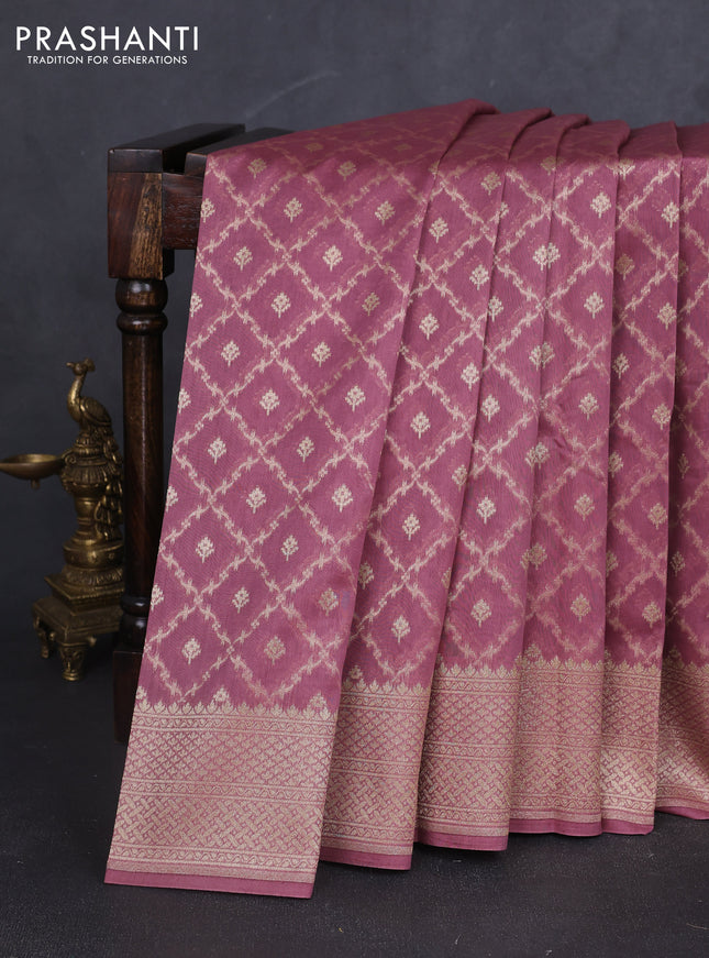 Banarasi silk cotton saree mauve pink with allover zari woven buttas and zari woven border