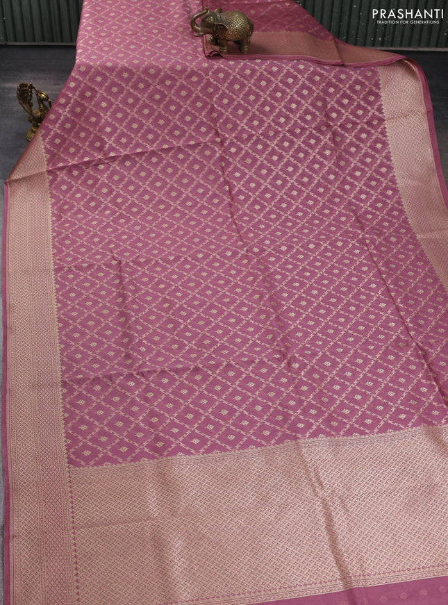 Banarasi silk cotton saree mauve pink with allover zari woven buttas and zari woven border