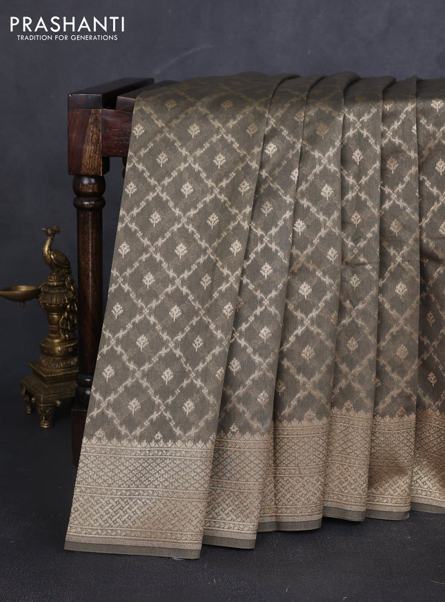 Banarasi silk cotton saree grey with allover zari woven buttas and zari woven border