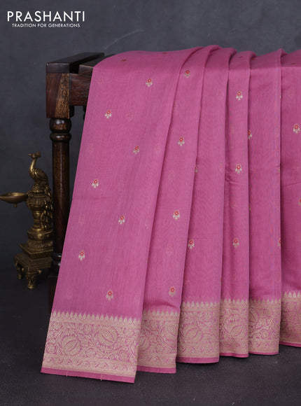 Banarasi silk cotton saree mauve pink with allover zari woven buttas and zari woven border