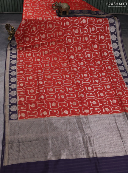 Banarasi silk cotton saree rustic orange and deep jamun with allover zari weaves and zari woven butta border