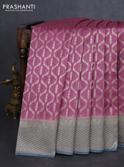 Banarasi silk cotton saree mauve pink and grey with allover zari weaves and zari woven border