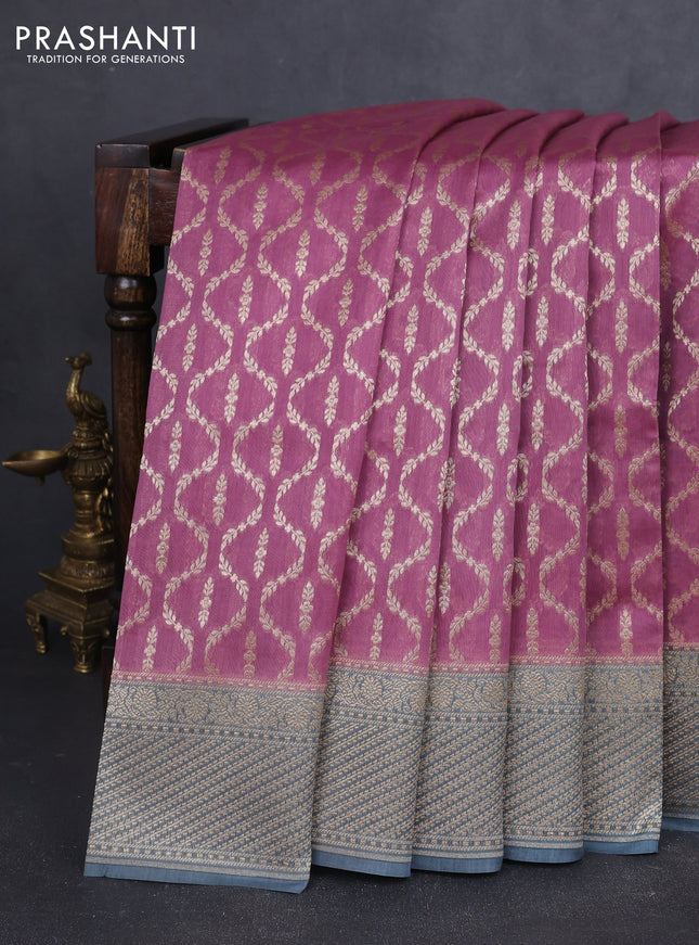Banarasi silk cotton saree mauve pink and grey with allover zari weaves and zari woven border