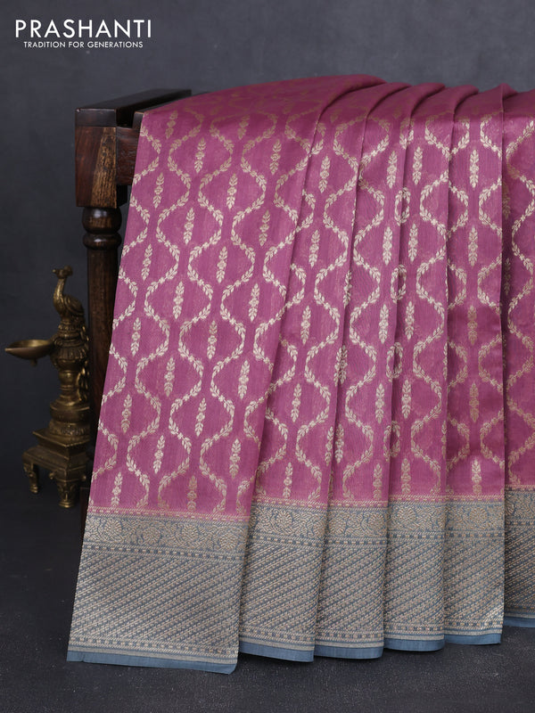 Banarasi silk cotton saree mauve pink and grey with allover zari weaves and zari woven border
