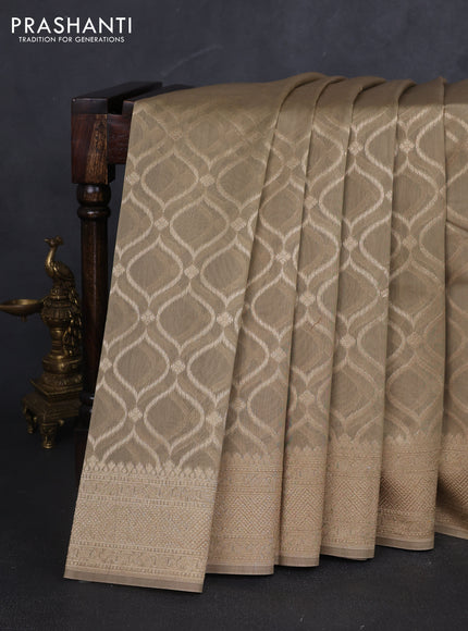 Banarasi silk cotton saree dark beige with allover geometric zari weaves and woven border