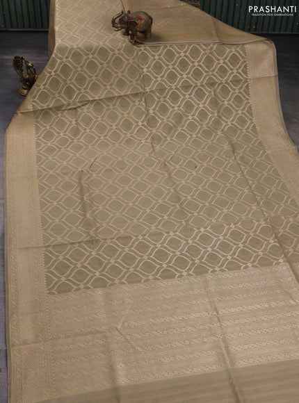 Banarasi silk cotton saree dark beige with allover geometric zari weaves and woven border