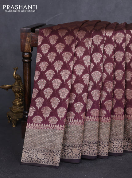 Banarasi silk cotton saree wine shade and coffee brown with allover zari woven buttas and zari woven border