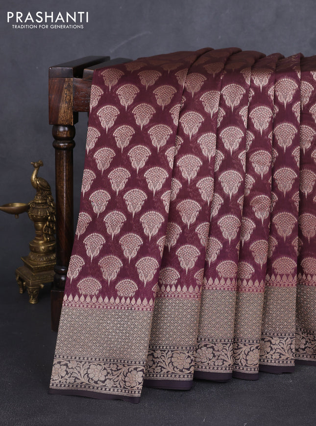 Banarasi silk cotton saree wine shade and coffee brown with allover zari woven buttas and zari woven border