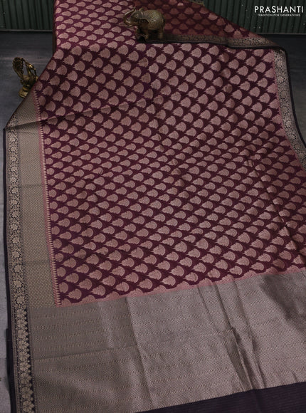 Banarasi silk cotton saree wine shade and coffee brown with allover zari woven buttas and zari woven border