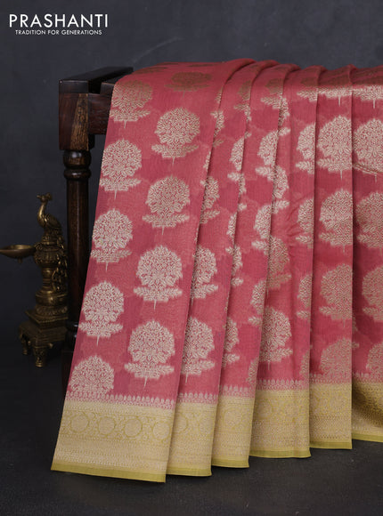 Banarasi silk cotton saree peach pink and pale yellow with allover zari woven buttas and zari woven border