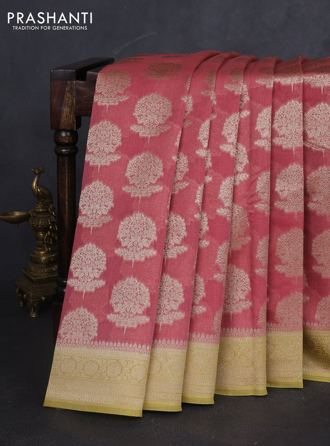 Banarasi silk cotton saree peach pink and pale yellow with allover zari woven buttas and zari woven border