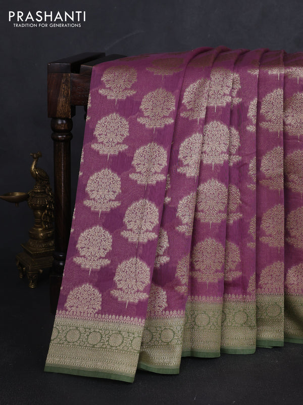 Banarasi silk cotton saree mauve pink and light green with allover zari woven buttas and zari woven border