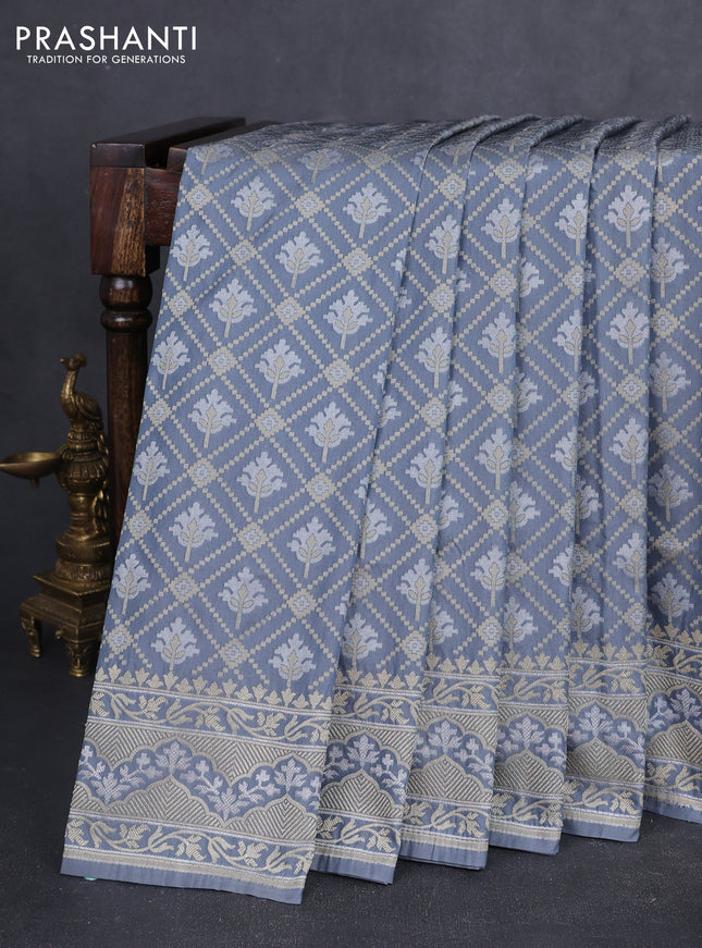 Banarasi semi katan silk saree grey with allover thread & zari weaves and zari woven border