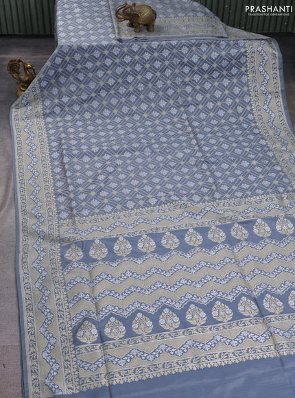 Banarasi semi katan silk saree grey with allover thread & zari weaves and zari woven border