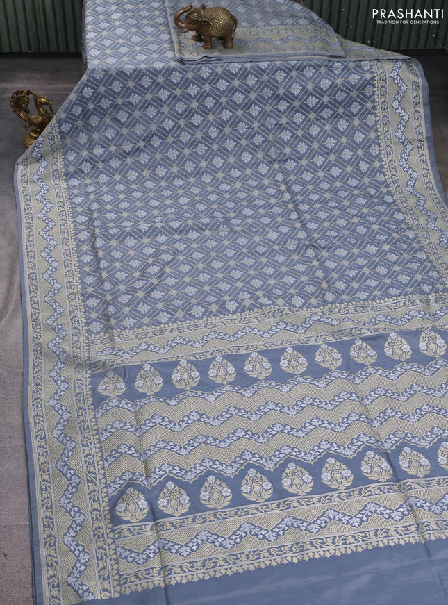 Banarasi semi katan silk saree grey with allover thread & zari weaves and zari woven border