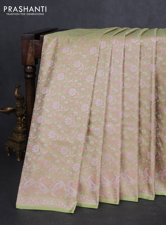 Banarasi semi katan silk saree mild pista green and light pink with allover thread woven brocade weaves and thread woven border