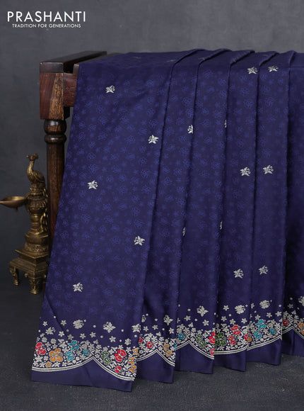 Banarasi semi katan silk saree naby blue with allover self emboss & zari buttas and woven border