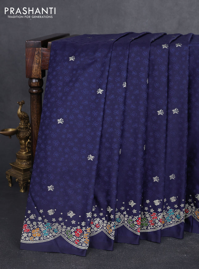Banarasi semi katan silk saree naby blue with allover self emboss & zari buttas and woven border