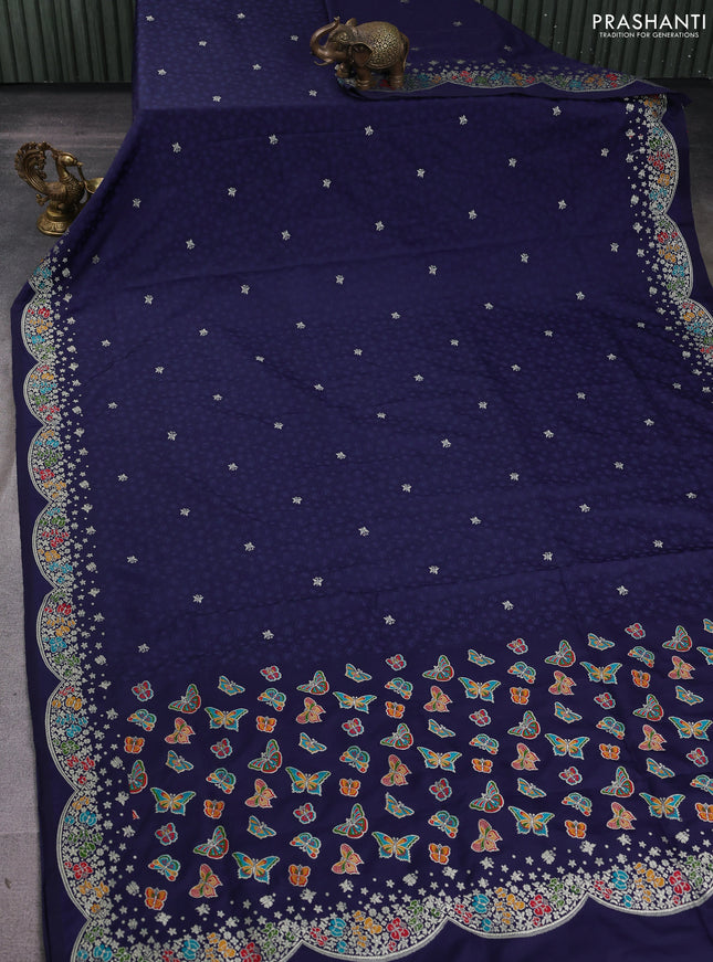 Banarasi semi katan silk saree naby blue with allover self emboss & zari buttas and woven border