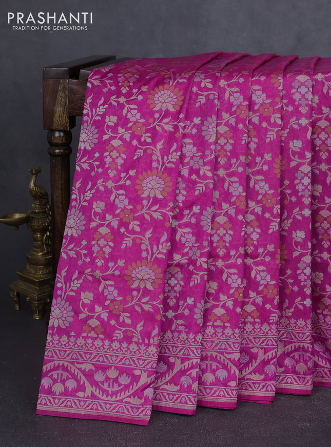 Banarasi semi katan silk saree magenta pink with allover thread & zari jamdhani weaves and zari woven border