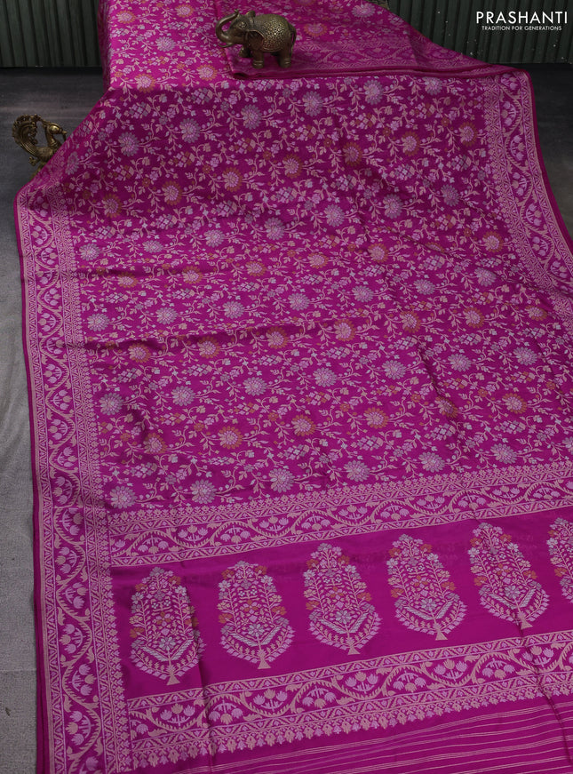Banarasi semi katan silk saree magenta pink with allover thread & zari jamdhani weaves and zari woven border