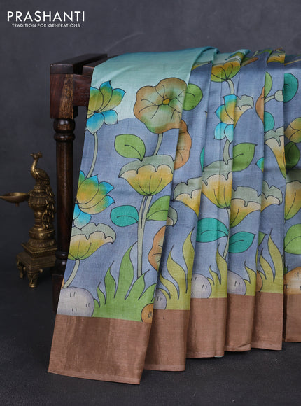 Pure tussar silk saree bluish grey and brown with allover hand painted prints and zari woven border