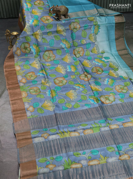 Pure tussar silk saree bluish grey and brown with allover hand painted prints and zari woven border