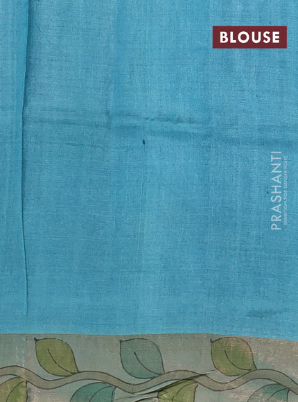 Pure tussar silk saree bluish grey and brown with allover hand painted prints and zari woven border