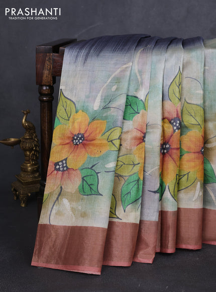 Pure tussar silk saree multi colour and peach shade with allover hand painted prints and zari woven border