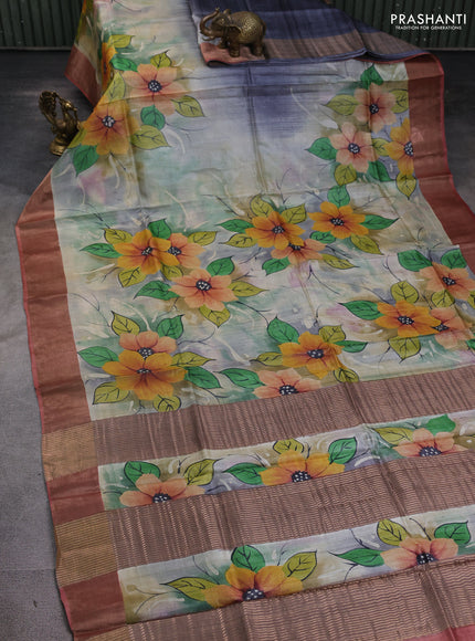 Pure tussar silk saree multi colour and peach shade with allover hand painted prints and zari woven border