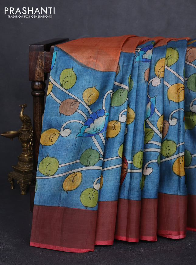 Pure tussar silk saree bluish grey and red with allover kalamkari hand painted prints and zari woven border
